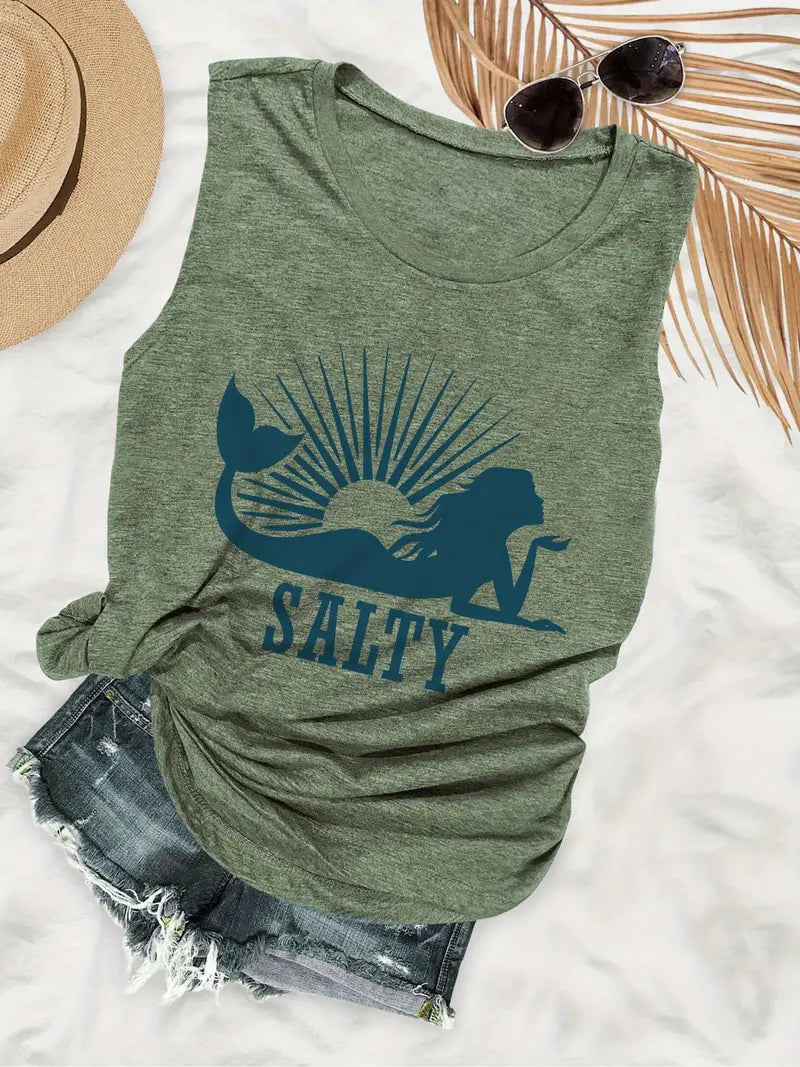 Vibrant Mermaid Print Crew Neck Tank Top