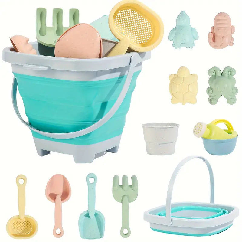 11-Piece Foldable Beach Toy Set with Collapsible Bucket & Molds