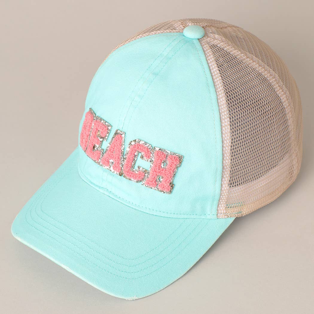 BEACH Chenille Letter Patch Mesh Back Baseball Cap