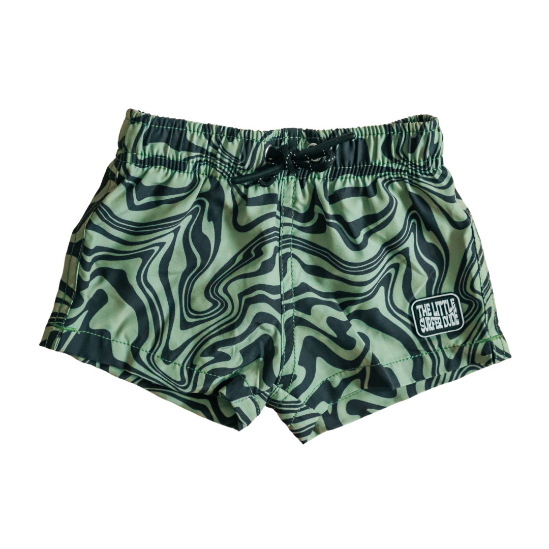 Green and Black Swirl Swim Trunks