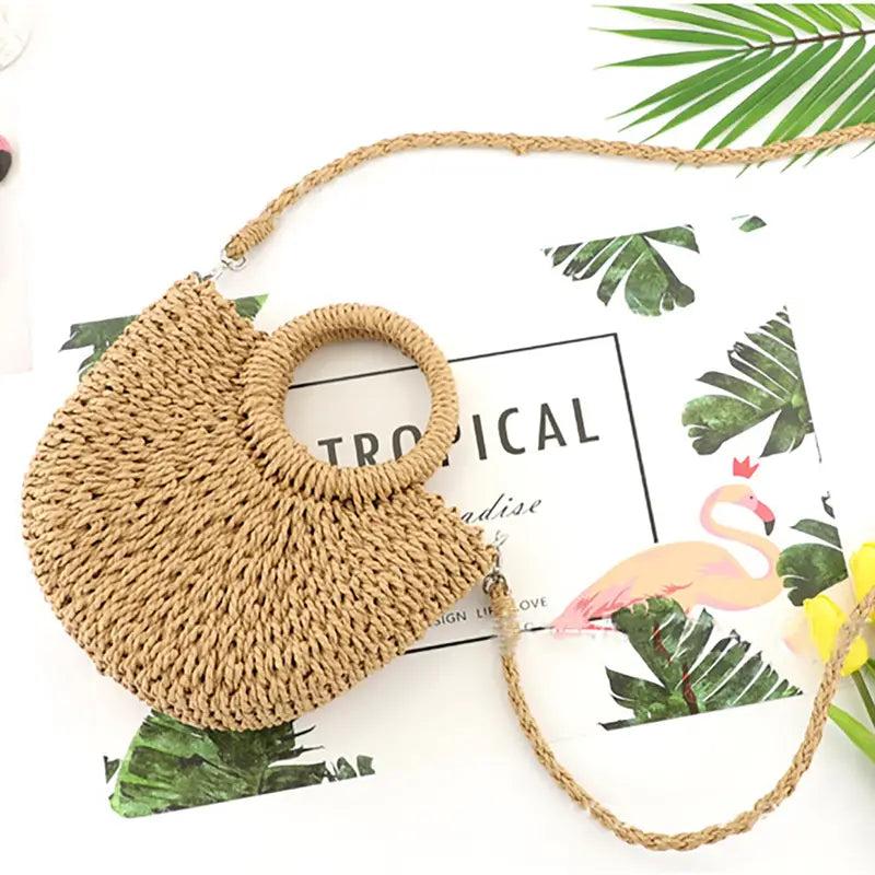 Lightweight Half-Round Woven Straw Bag, Women's Summer Crossbody Bag