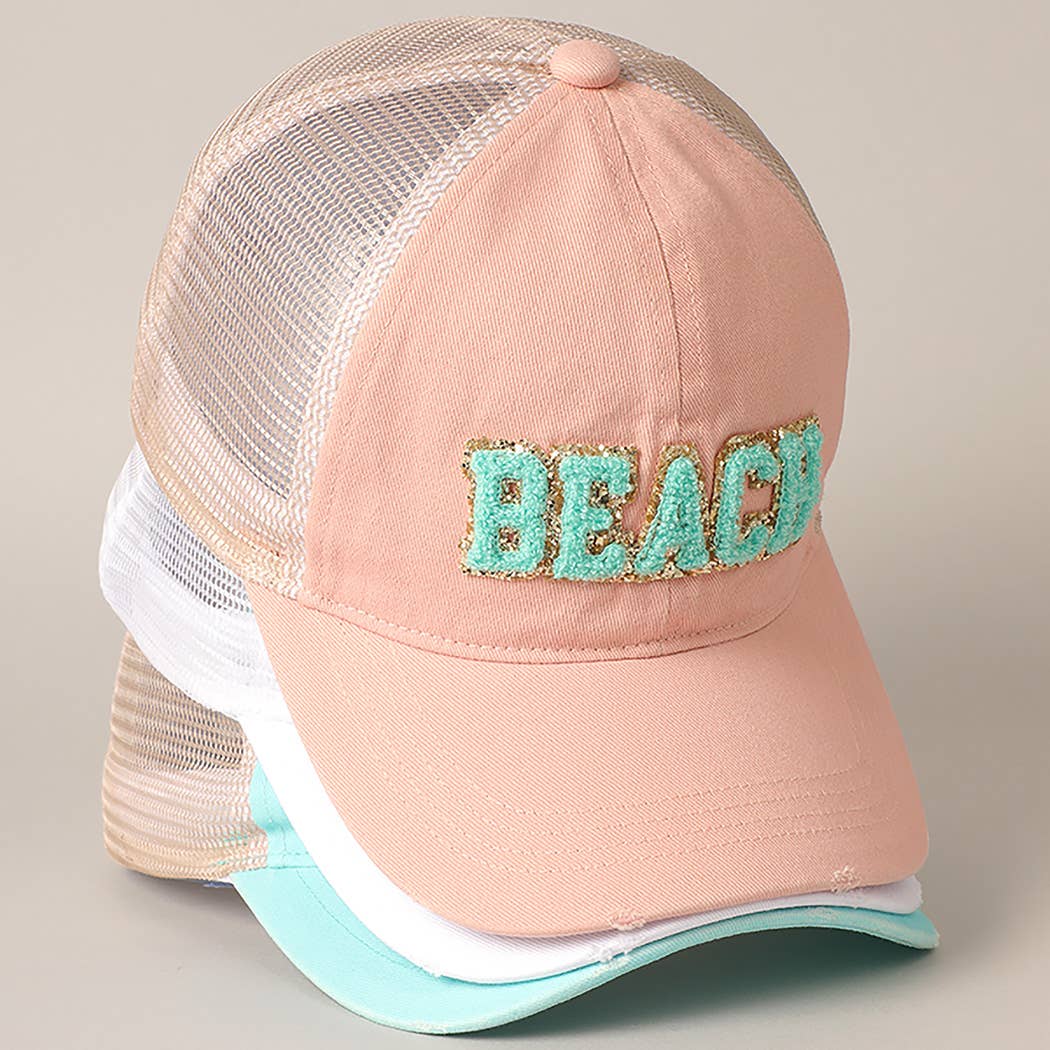 BEACH Chenille Letter Patch Mesh Back Baseball Cap