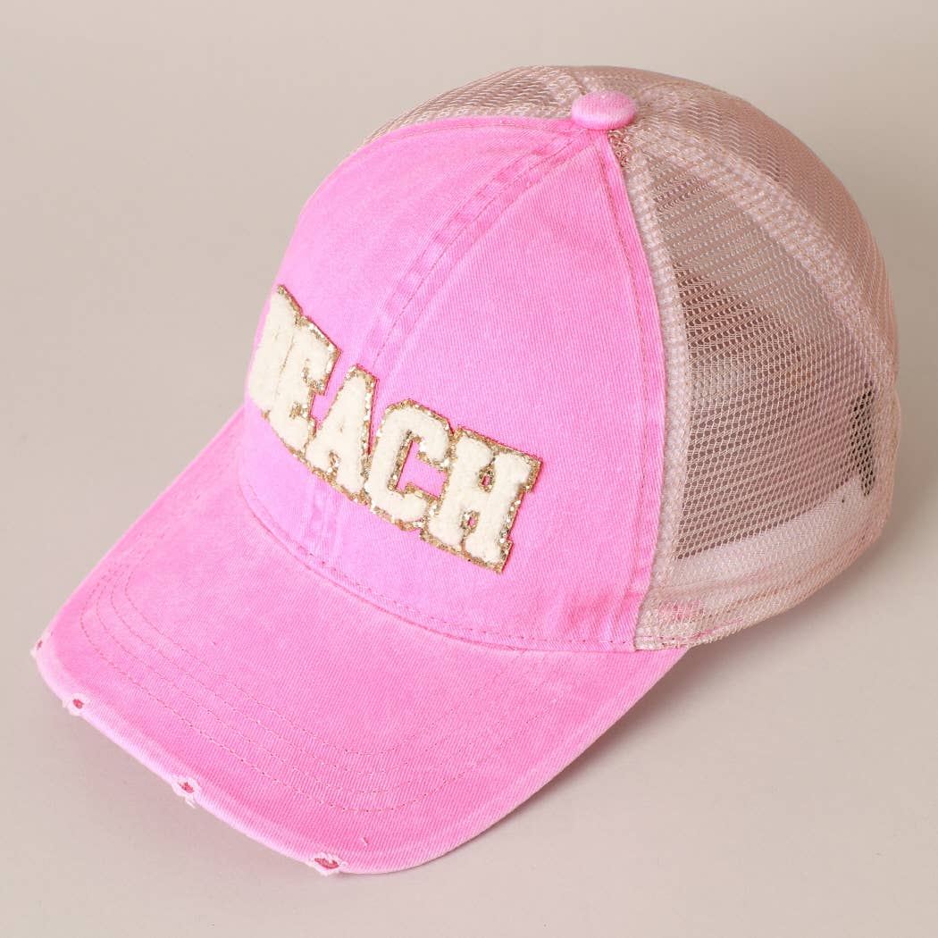 BEACH Chenille Letter Patch Mesh Back Baseball Cap