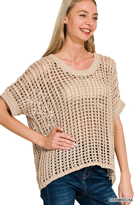 Fish Net Short Sleeve Crochet Sweater