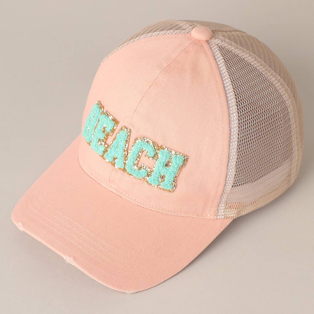 BEACH Chenille Letter Patch Mesh Back Baseball Cap