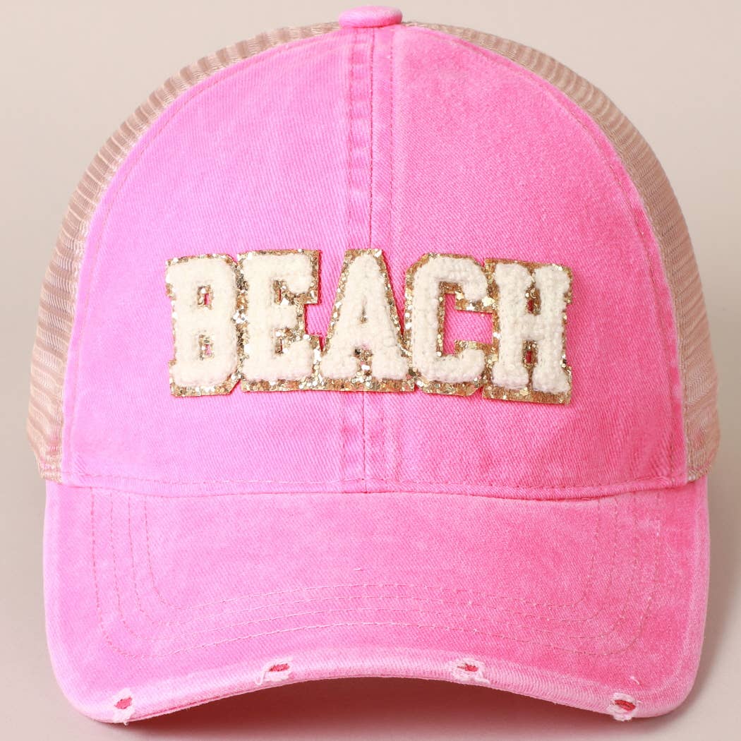 BEACH Chenille Letter Patch Mesh Back Baseball Cap