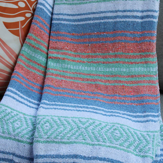 Sorbet Mexican Throw Blanket | Coral, Aqua & Blue Baja Beach