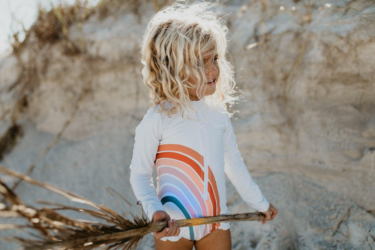 Cayucos Rainbow Ecru Zip Rash Guard Swimsuit