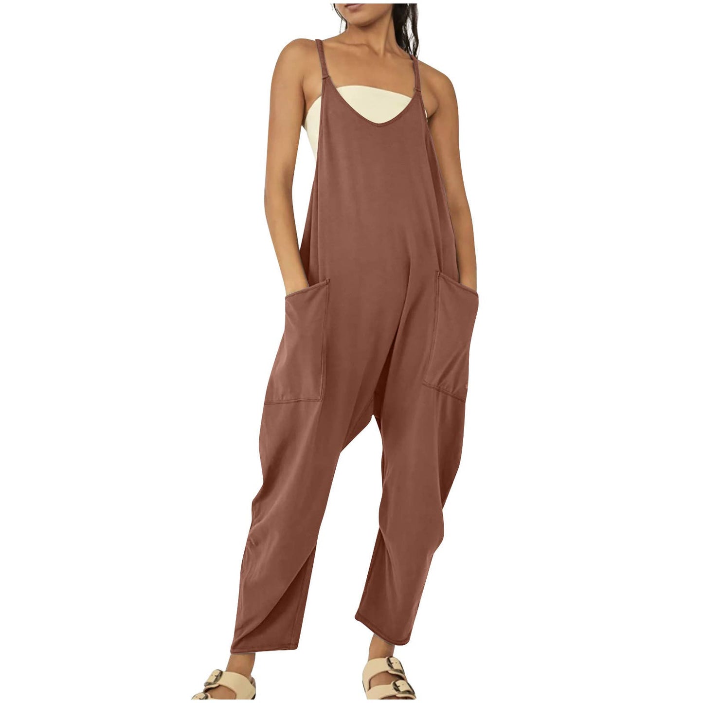 Solid Color Suspender Jumpsuit with Pockets