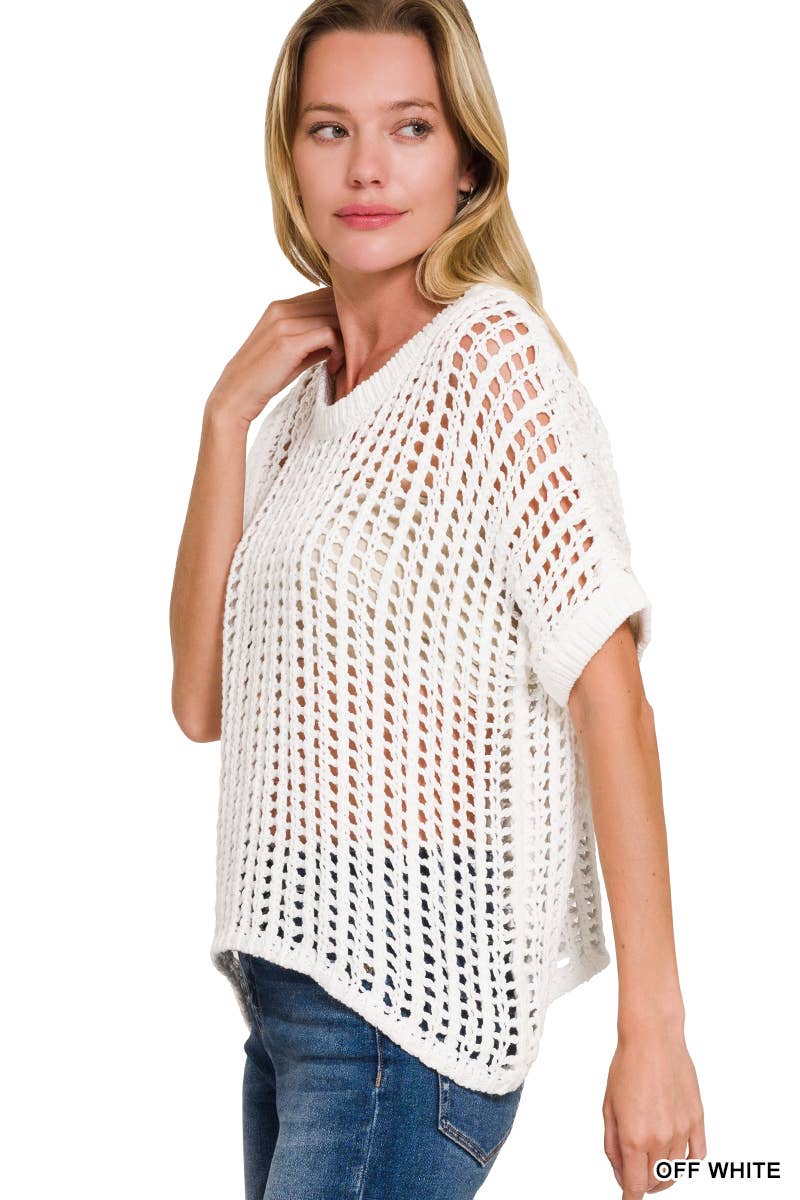 Fish Net Short Sleeve Crochet Sweater