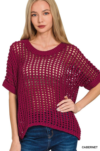 Fish Net Short Sleeve Crochet Sweater