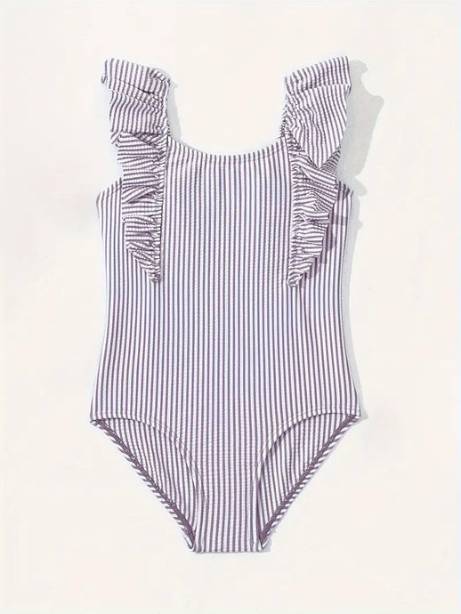 Girls' Striped Swimsuit with Ruffle Shoulder Strap
