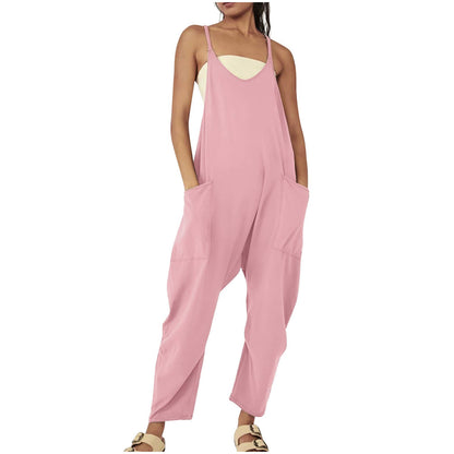 Solid Color Suspender Jumpsuit with Pockets