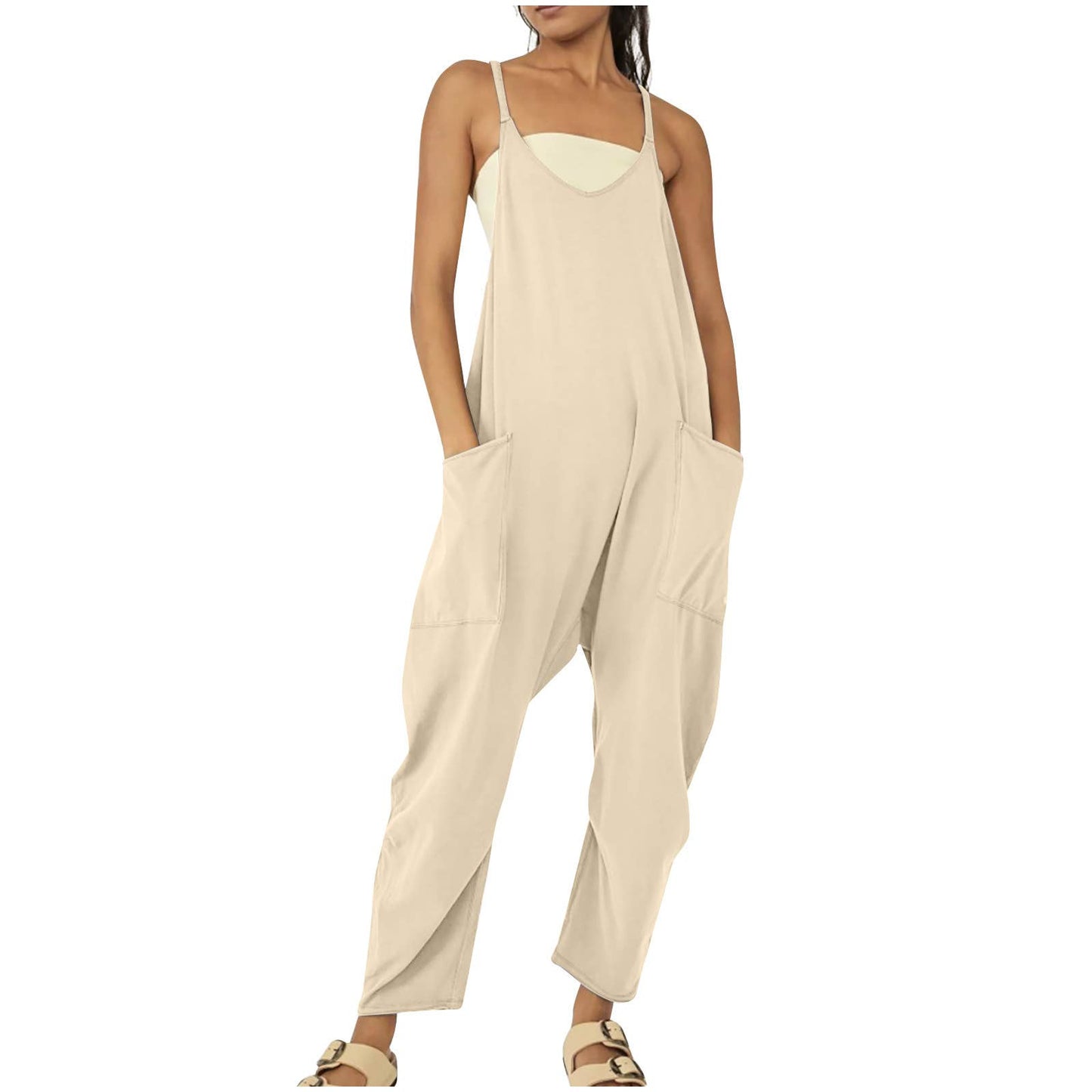 Solid Color Suspender Jumpsuit with Pockets