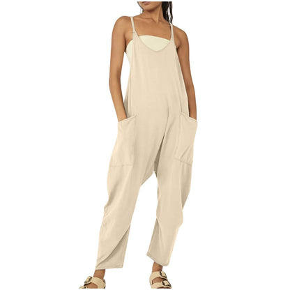 Solid Color Suspender Jumpsuit with Pockets