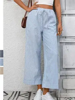 Striped Wide Leg Pants Women Drawstring Casual Pants