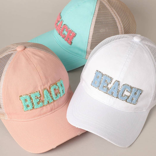 BEACH Chenille Letter Patch Mesh Back Baseball Cap