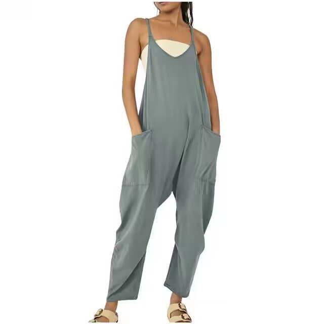 Solid Color Suspender Jumpsuit with Pockets