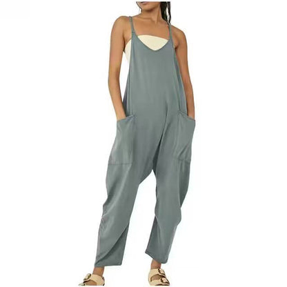Solid Color Suspender Jumpsuit with Pockets