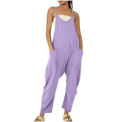 Solid Color Suspender Jumpsuit with Pockets