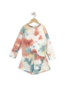 L/S TOP WITH SHORTS LOUNGE SET IN WAFFLE HAND TIE DYE
