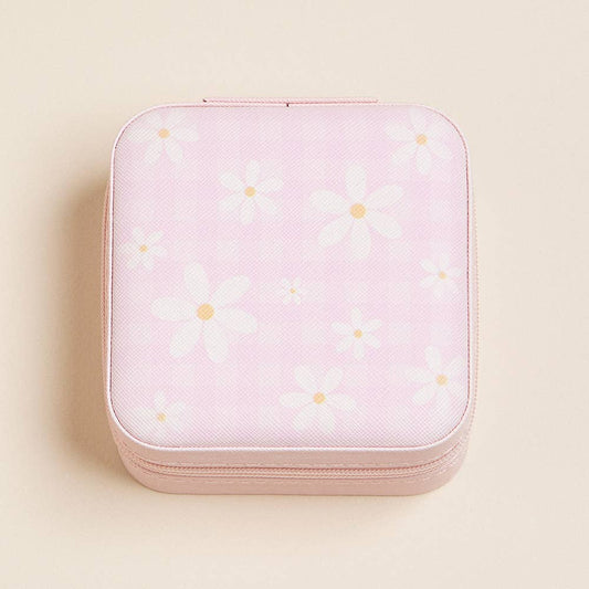 Daisy Flower Checkered Pattern Portable Square Jewelry Box