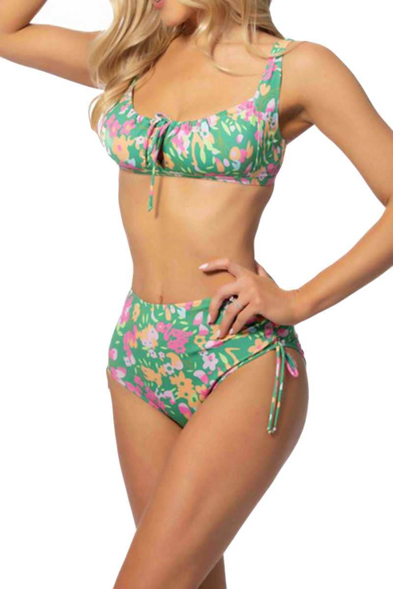 Green Floral Tie Front High Waist Bikini Set
