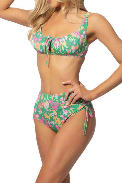 Green Floral Tie Front High Waist Bikini Set