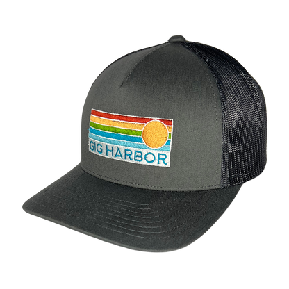 Sun Horizon Curved Bill Trucker Cap: Turquoise White