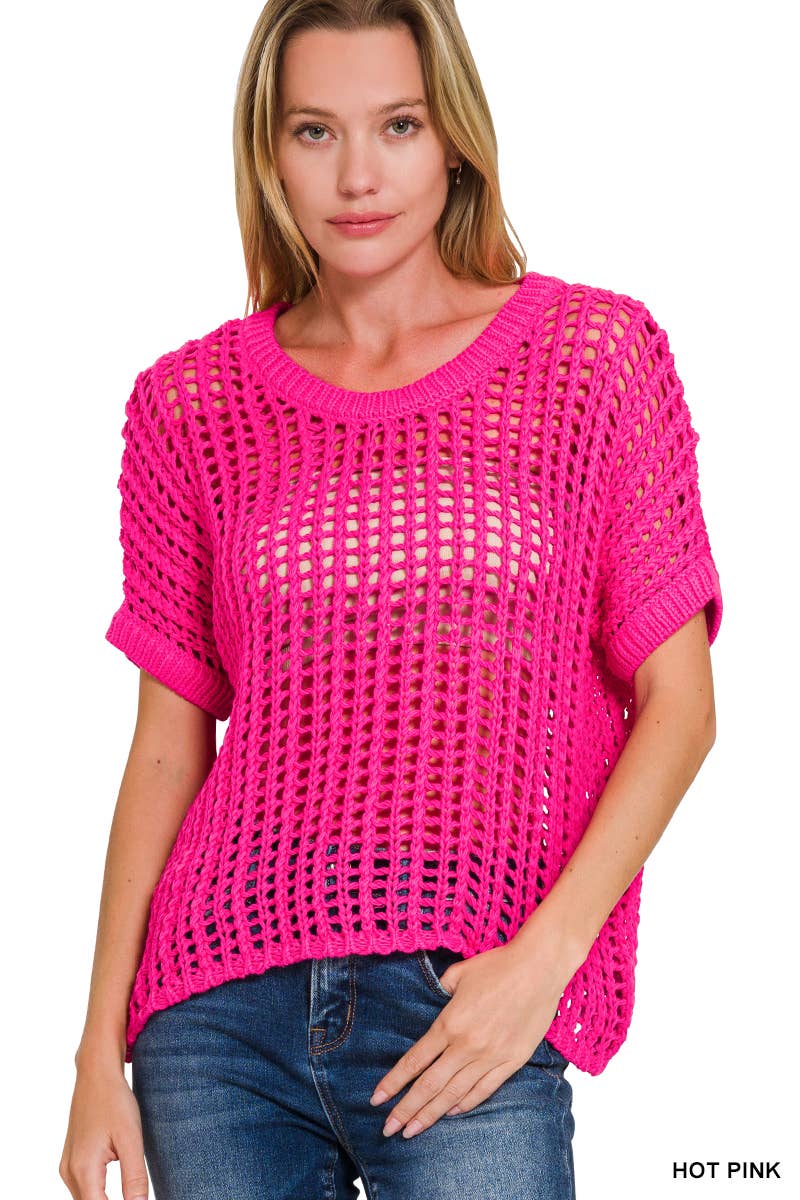 Fish Net Short Sleeve Crochet Sweater