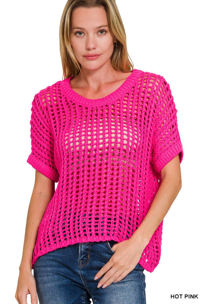 Fish Net Short Sleeve Crochet Sweater