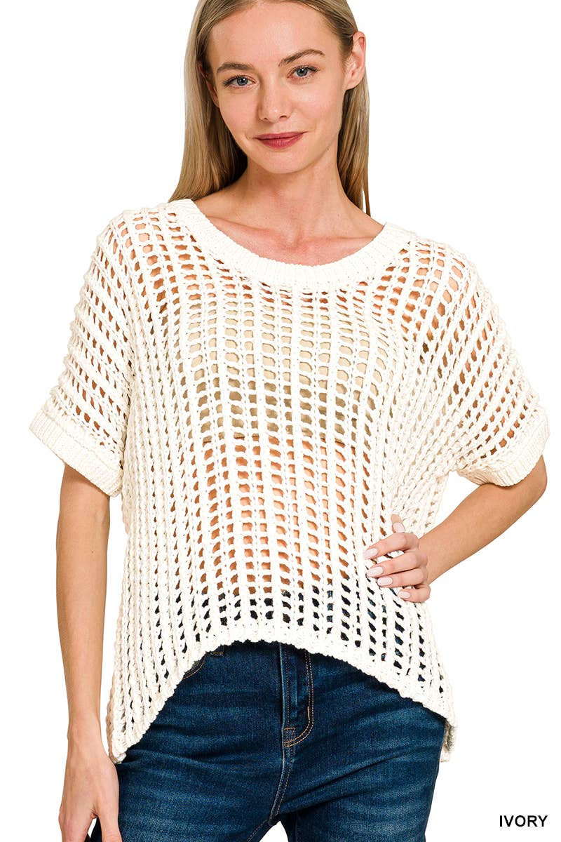 Fish Net Short Sleeve Crochet Sweater