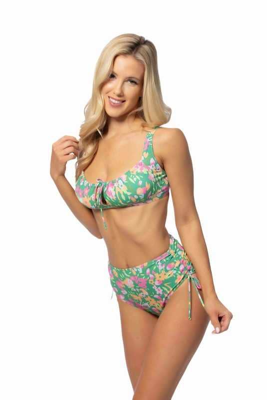 Green Floral Tie Front High Waist Bikini Set