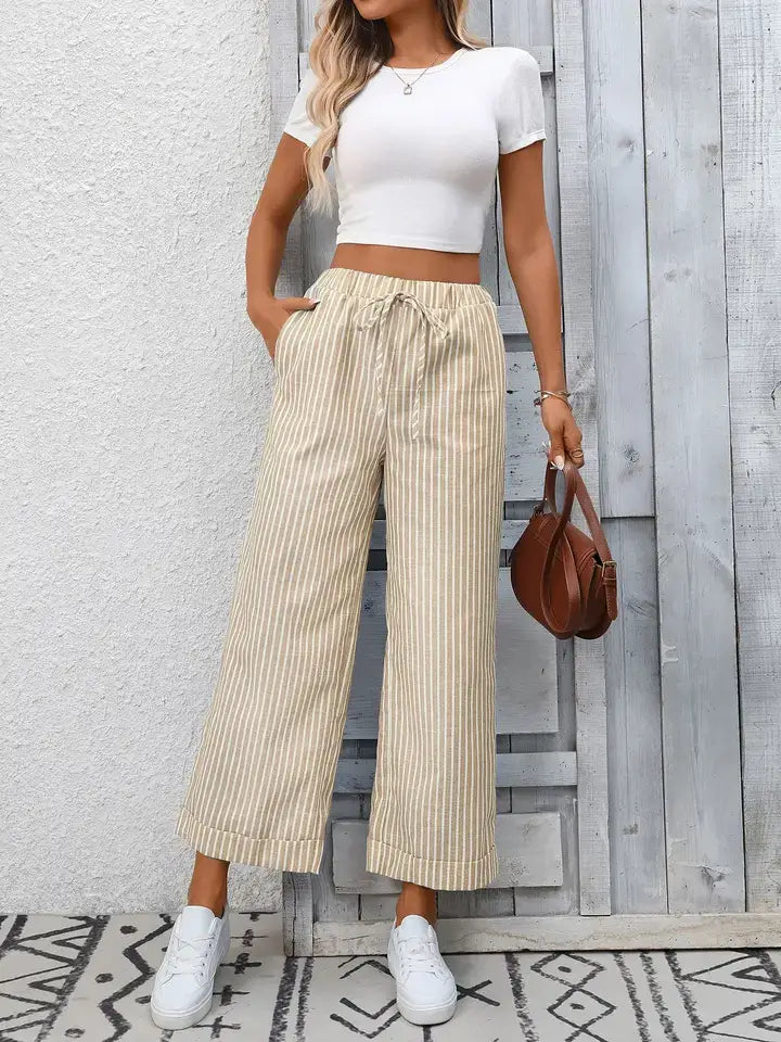 Striped Wide Leg Pants Women Drawstring Casual Pants