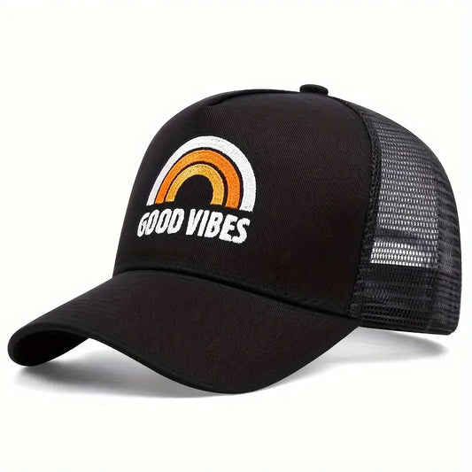 GOOD VIBES Rainbow Baseball Cap Trendy Embroidery Mesh Breathable Trucker Hats