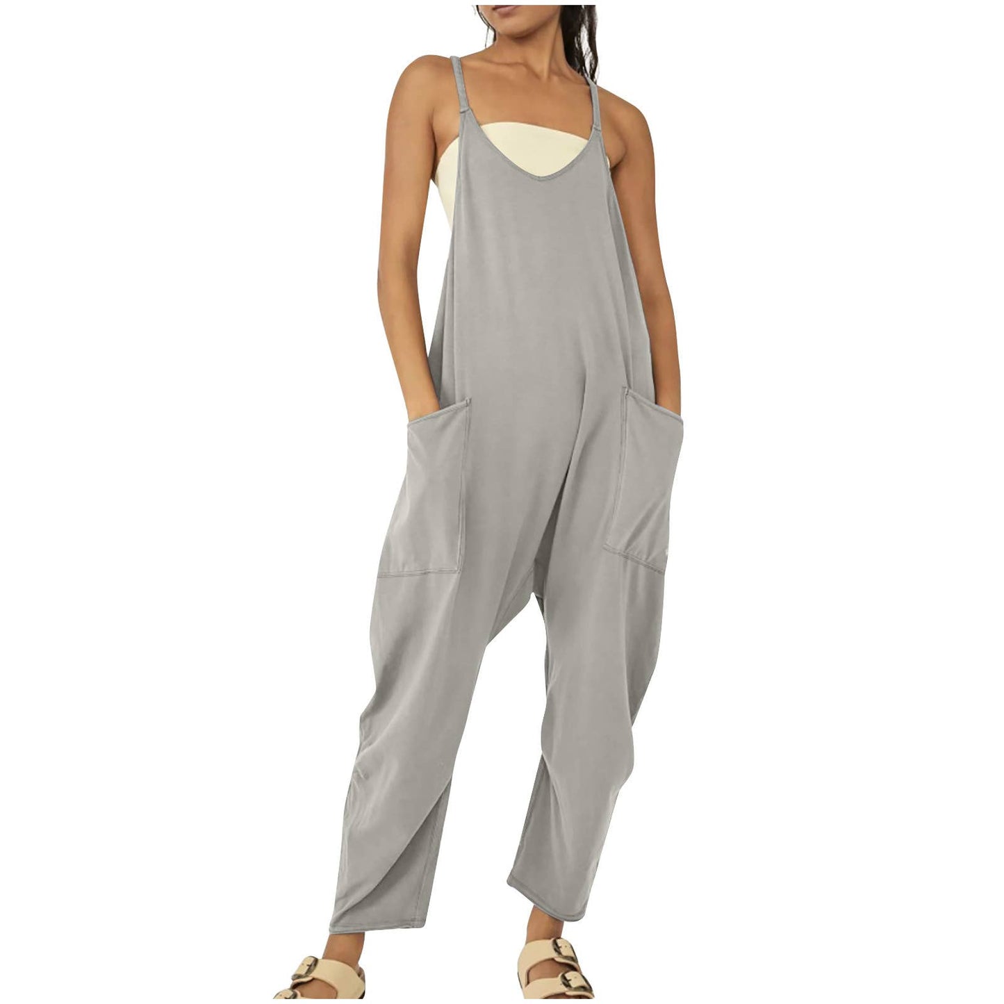 Solid Color Suspender Jumpsuit with Pockets
