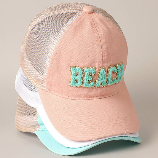 BEACH Chenille Letter Patch Mesh Back Baseball Cap