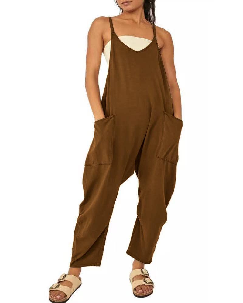 Solid Color Suspender Jumpsuit with Pockets