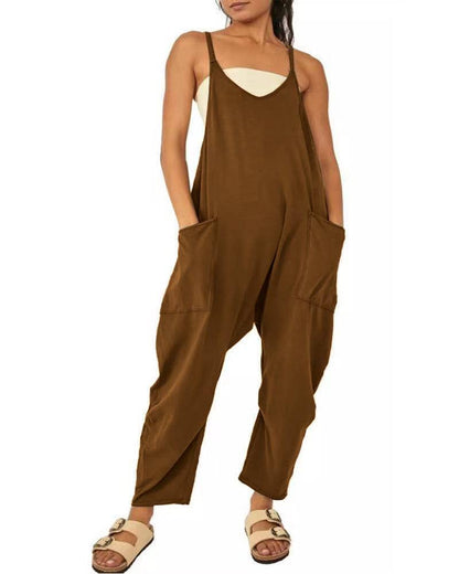 Solid Color Suspender Jumpsuit with Pockets