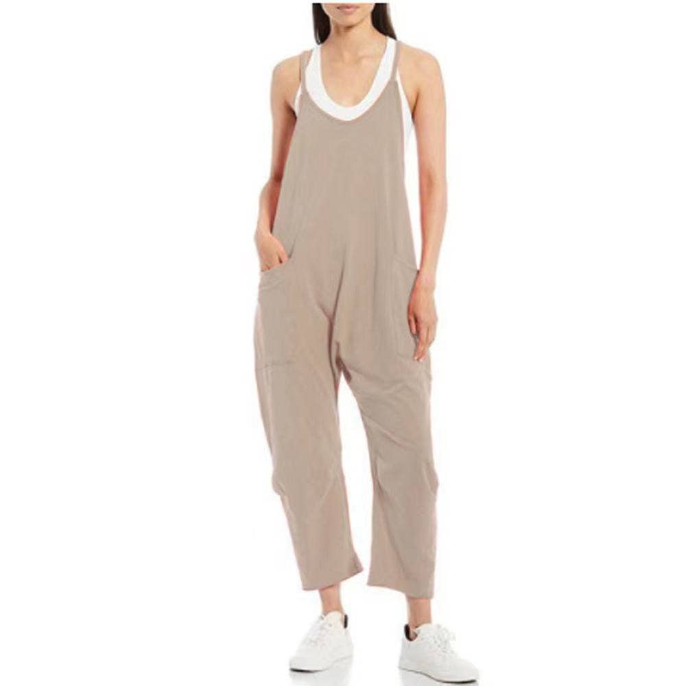 Solid Color Suspender Jumpsuit with Pockets