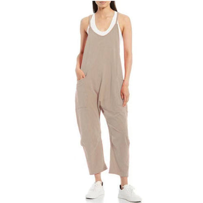 Solid Color Suspender Jumpsuit with Pockets