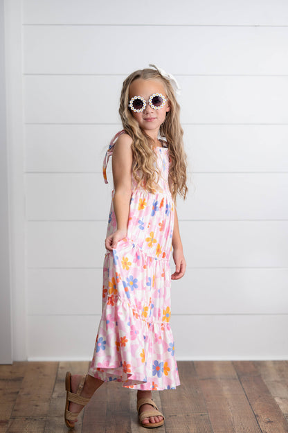 Girls Pink Retro Daisy Tiered Summer Maxi Dress