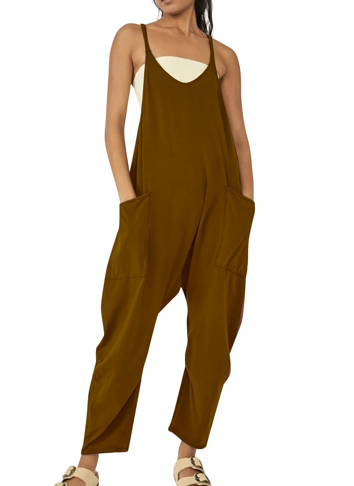 Solid Color Suspender Jumpsuit with Pockets
