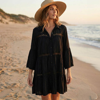 Button Front Lace Trim Beach Shirt Dress