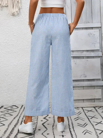 Striped Wide Leg Pants Women Drawstring Casual Pants