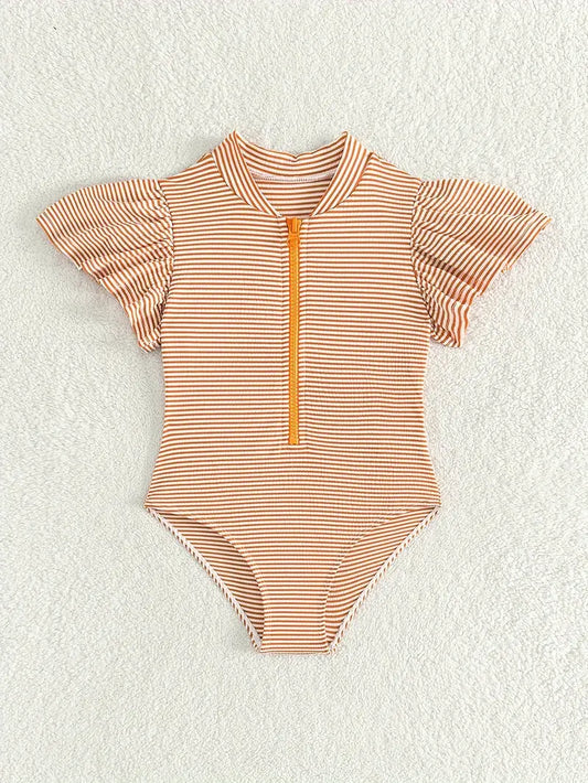 1PC Girls Flounce Sleeve Zipper Swimwear Swimsuit