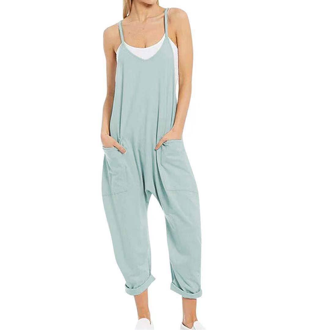 Solid Color Suspender Jumpsuit with Pockets