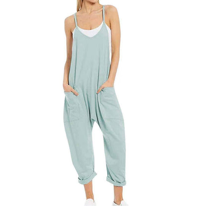 Solid Color Suspender Jumpsuit with Pockets