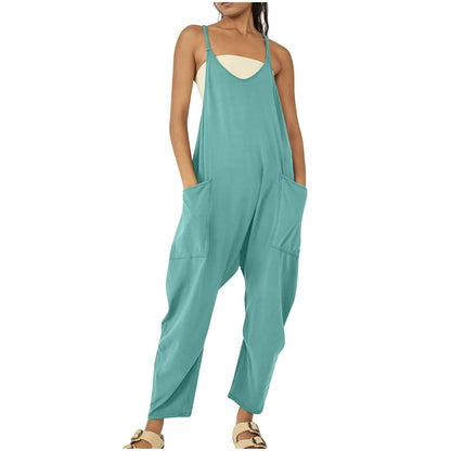 Solid Color Suspender Jumpsuit with Pockets