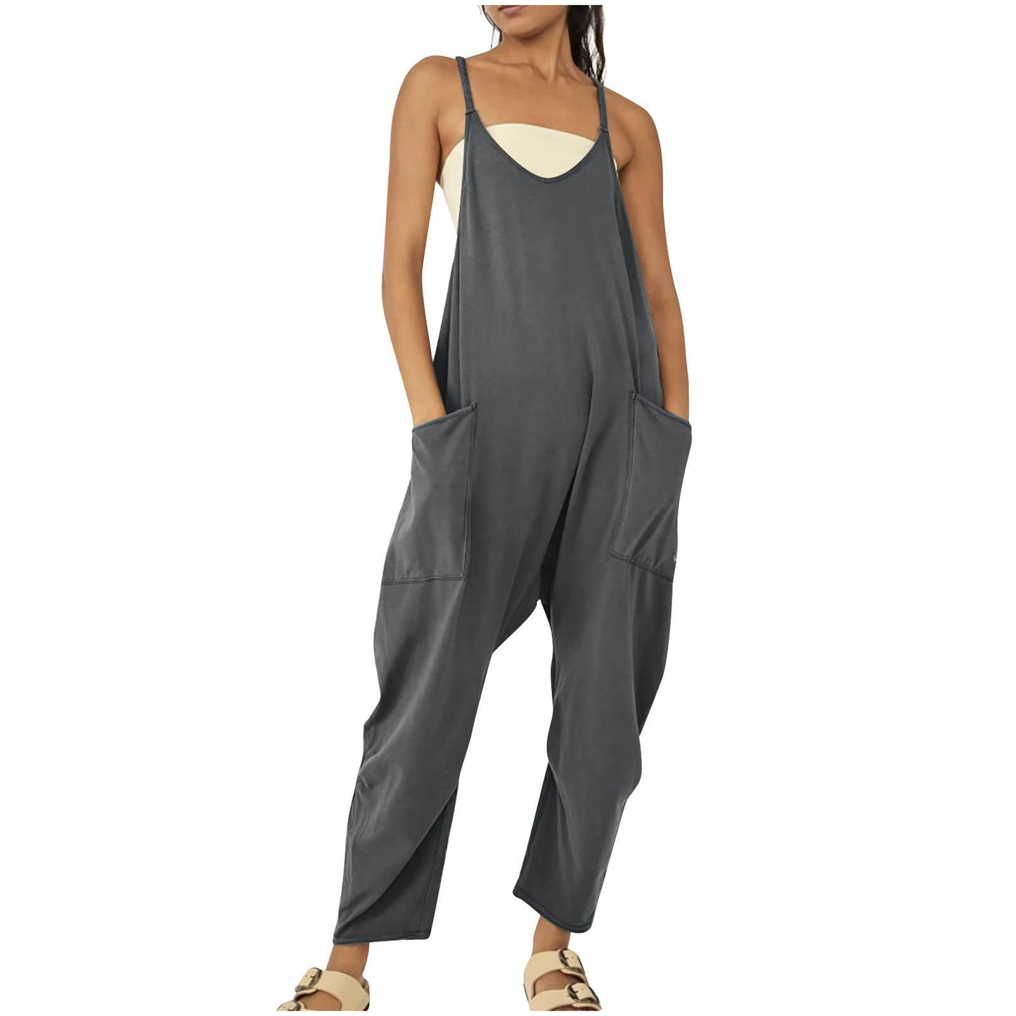 Solid Color Suspender Jumpsuit with Pockets